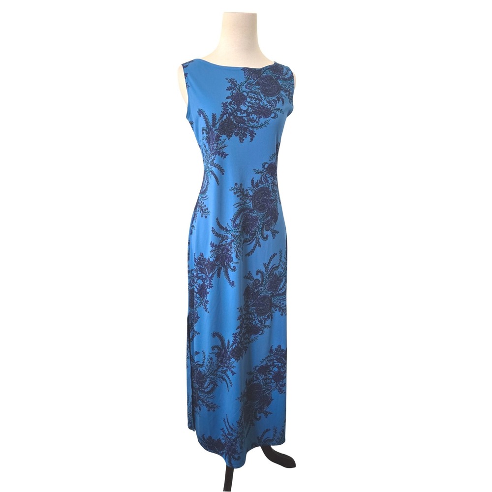 Vtg Jalate Blue Paisley Floral 90S Maxi Dress Boat Neck Side Slit Column S